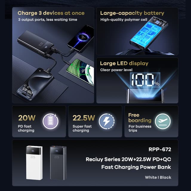 Power Bank Remax Reciuy Series RPP-672 brzo punjenje  20W+22.5W PD+QC 20000mAh crni-1