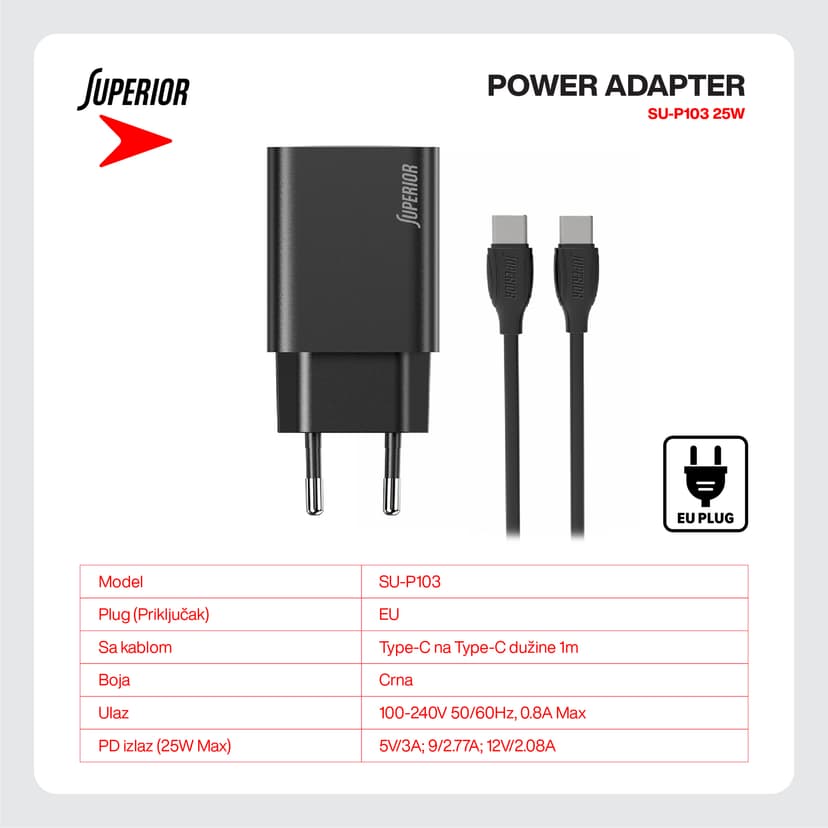 Kucni punjac Superior SU-P103 Super Fast PD 25W 3A Type C na Type C crni (CERT)-3