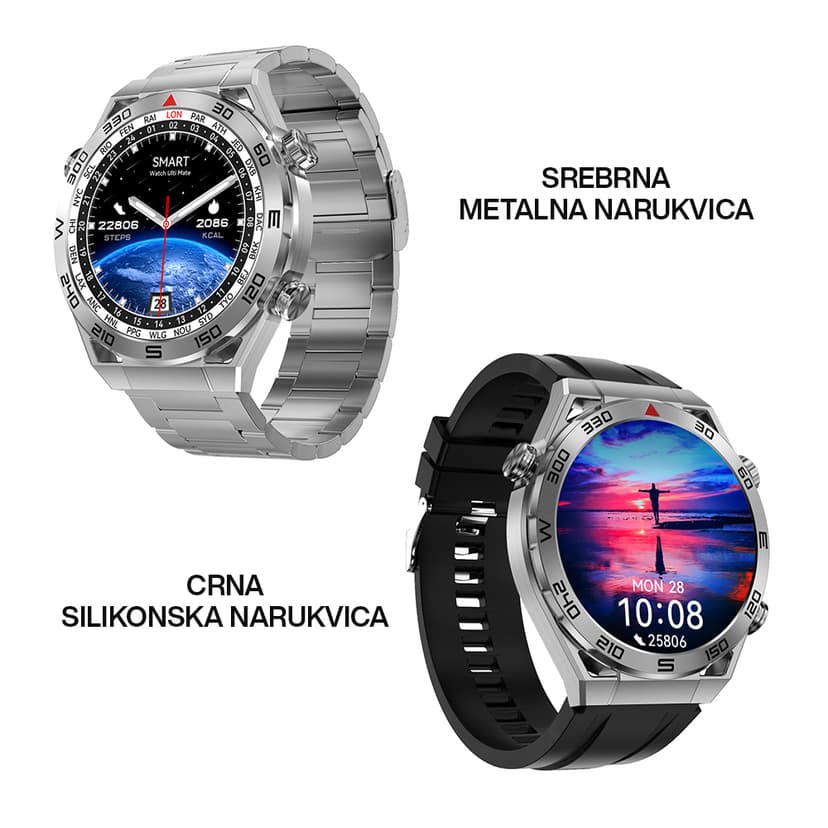 Smart Watch DT Ultramate srebrni (crna silikonska i srebrna metalna narukvica)-3